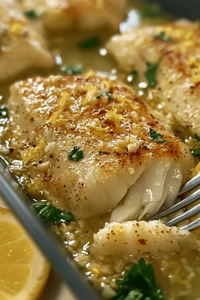 Plated lemon garlic butter fish fillets with parsley, lemon slices, and glossy sauce.
