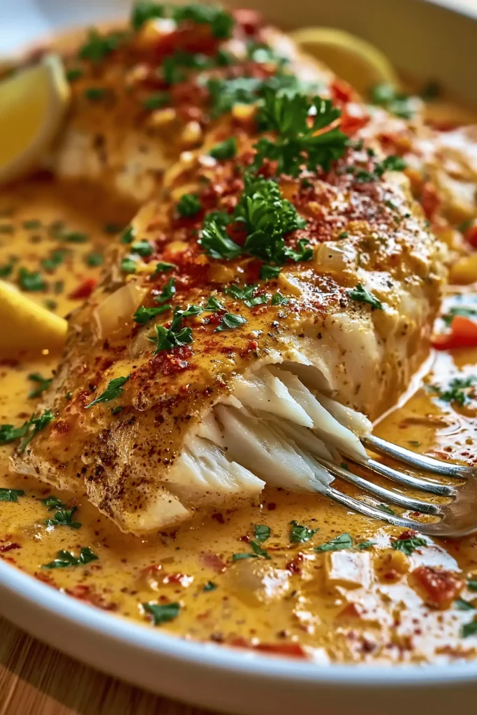Plated red snapper with silky Creole cream sauce and lemon.