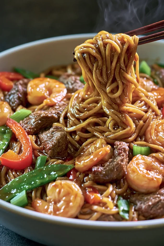 Plated Surf and Turf Lo Mein Skillet with shrimp, beef, glossy noodles, snap peas, and red bell pepper.
