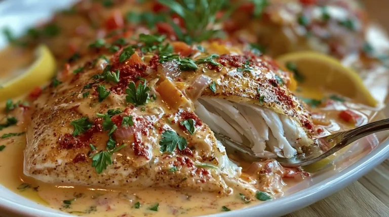 Pan seared red snapper with silky Creole cream sauce, parsley, and lemon wedges.