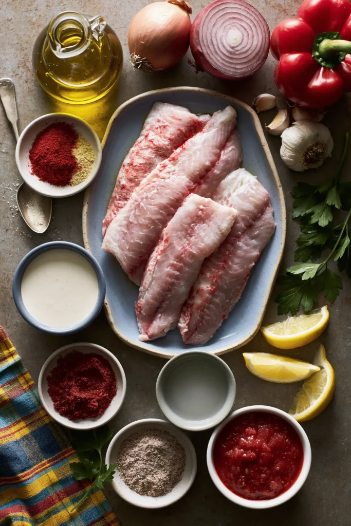 Ingredients for red snapper with Creole cream sauce arranged on a kitchen surface.