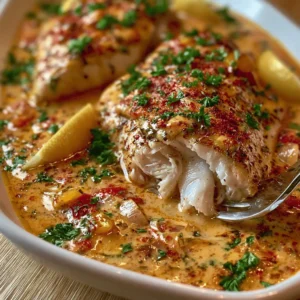 Red snapper with Creole cream sauce served on a plate with parsley and lemon.