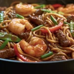 Surf and Turf Lo Mein Skillet with glossy noodles, shrimp, beef, snap peas, and red bell pepper in a wok.