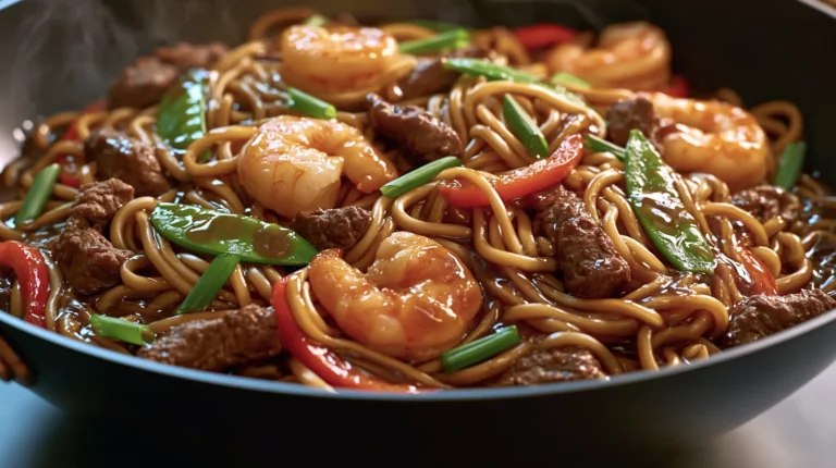 Surf and Turf Lo Mein Skillet with glossy noodles, shrimp, beef, snap peas, and red bell pepper in a wok.