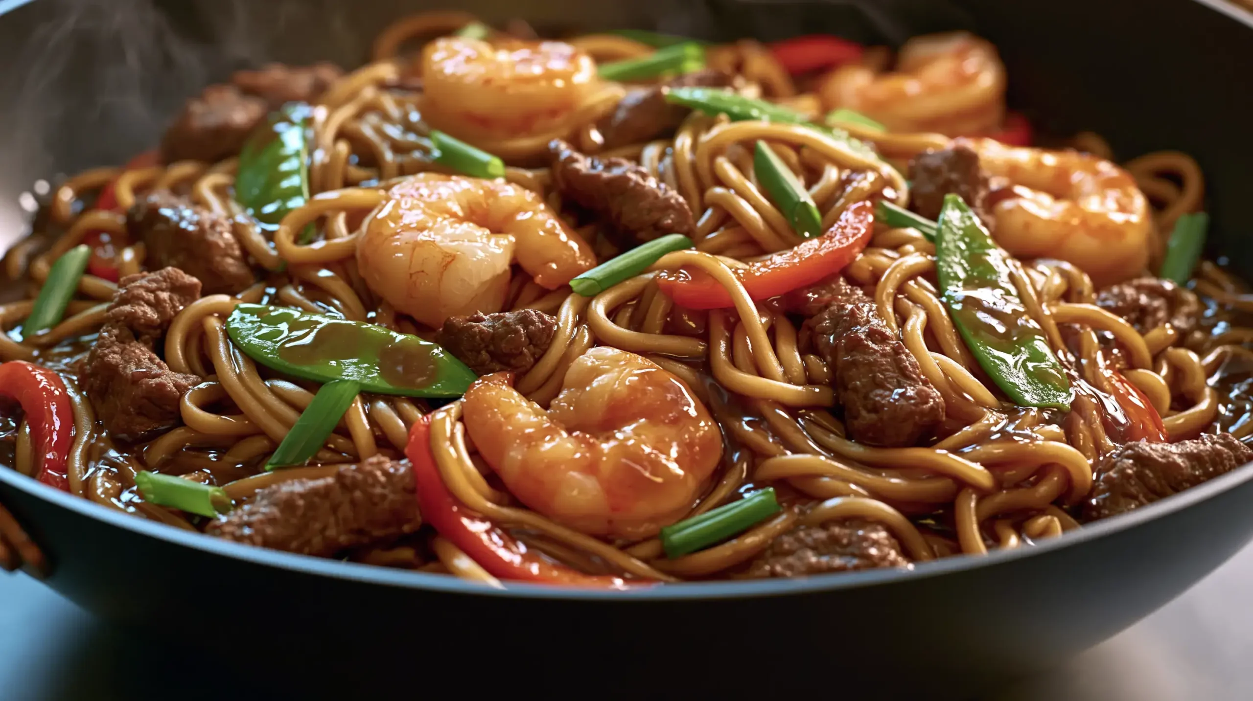 Surf and Turf Lo Mein Skillet with glossy noodles, shrimp, beef, snap peas, and red bell pepper in a wok.