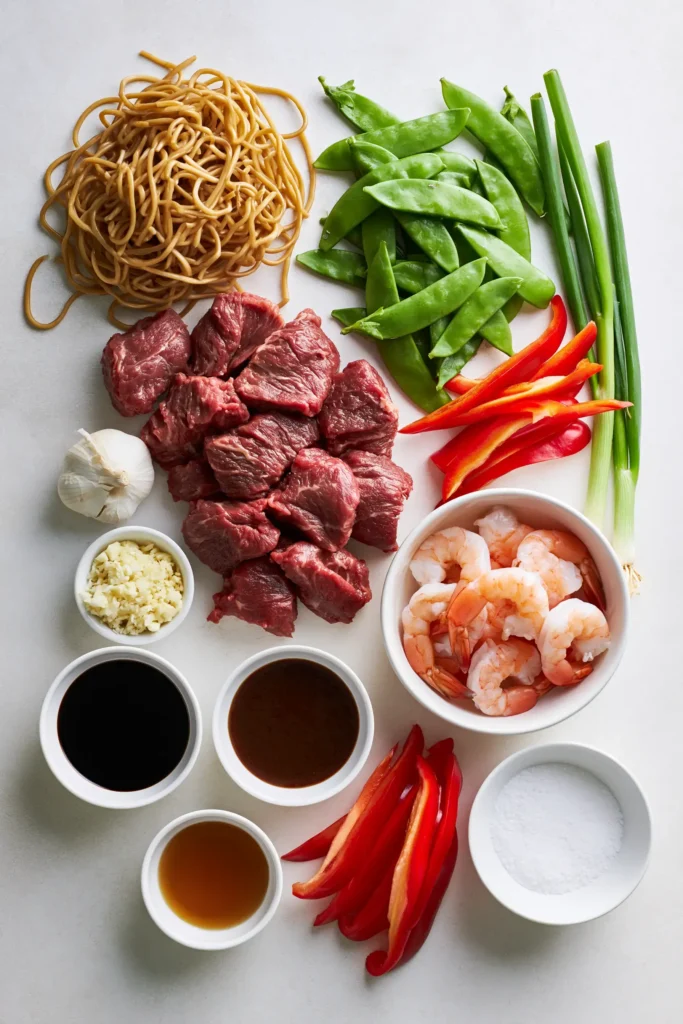Ingredients for Surf and Turf Lo Mein Skillet arranged with noodles, shrimp, beef, vegetables, and sauce components.