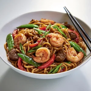 Surf and Turf Lo Mein Skillet recipe card image with glossy noodles, shrimp, beef, and crisp vegetables.