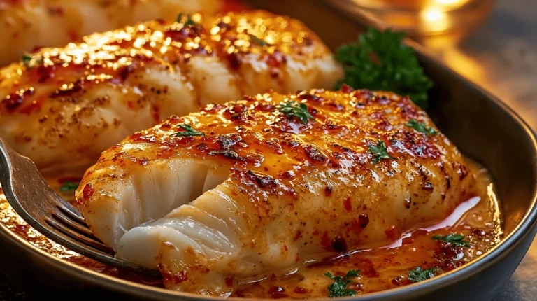 Sweet chili lime cod fillets glazed with garlic butter, lime, parsley, and sweet chili sauce.