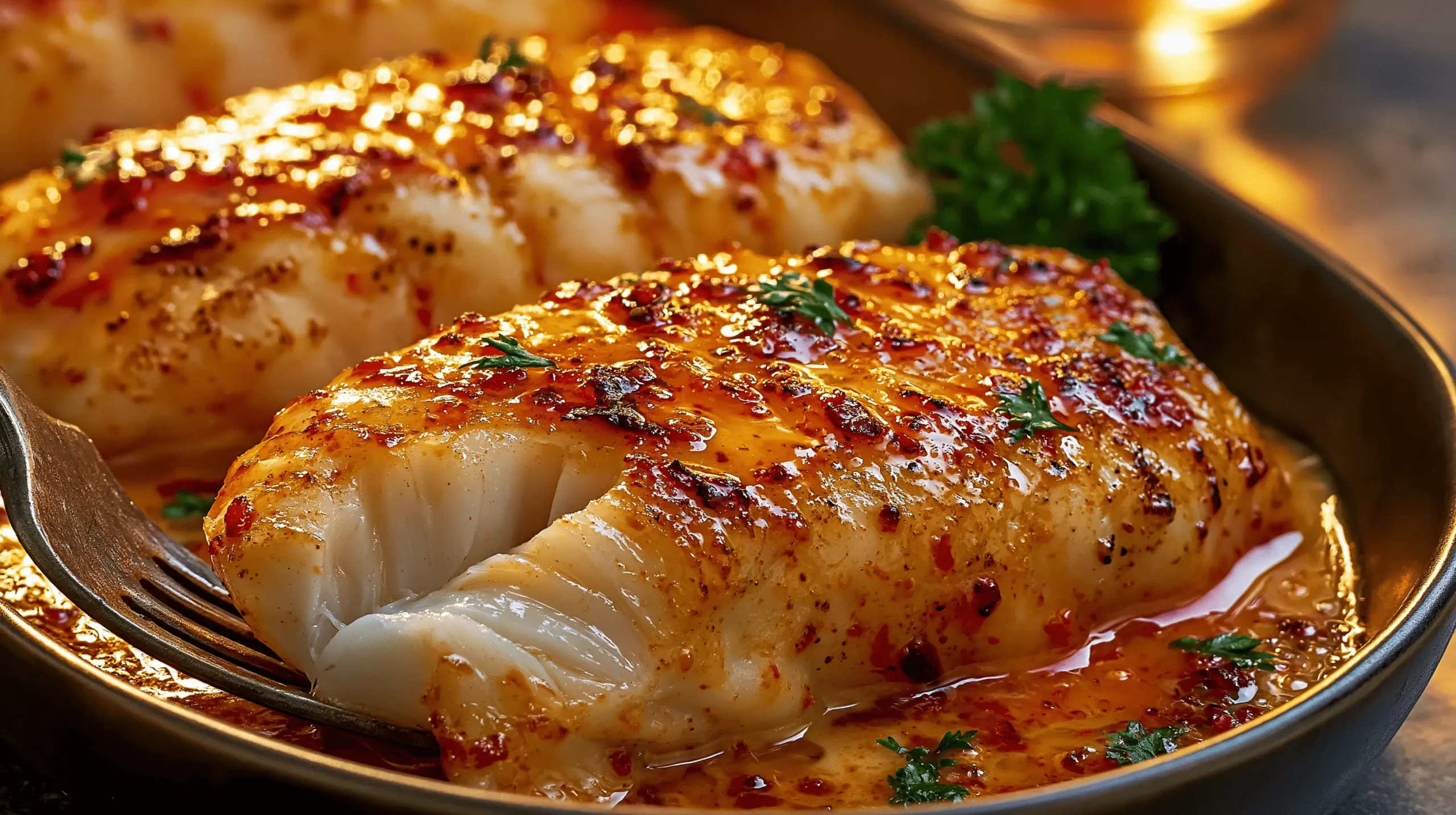 Sweet chili lime cod fillets glazed with garlic butter, lime, parsley, and sweet chili sauce.