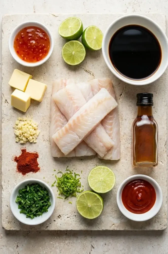 Ingredients for sweet chili lime cod including cod fillets, butter, garlic, lime, sweet chili sauce, and parsley.