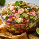 Avocado Shrimp Ceviche Bowl with cooked shrimp, avocado, tomatoes, cucumber, cilantro, lime, and tortilla chips.