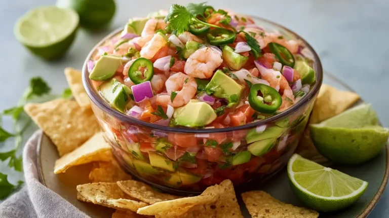 Avocado Shrimp Ceviche Bowl with cooked shrimp, avocado, tomatoes, cucumber, cilantro, lime, and tortilla chips.