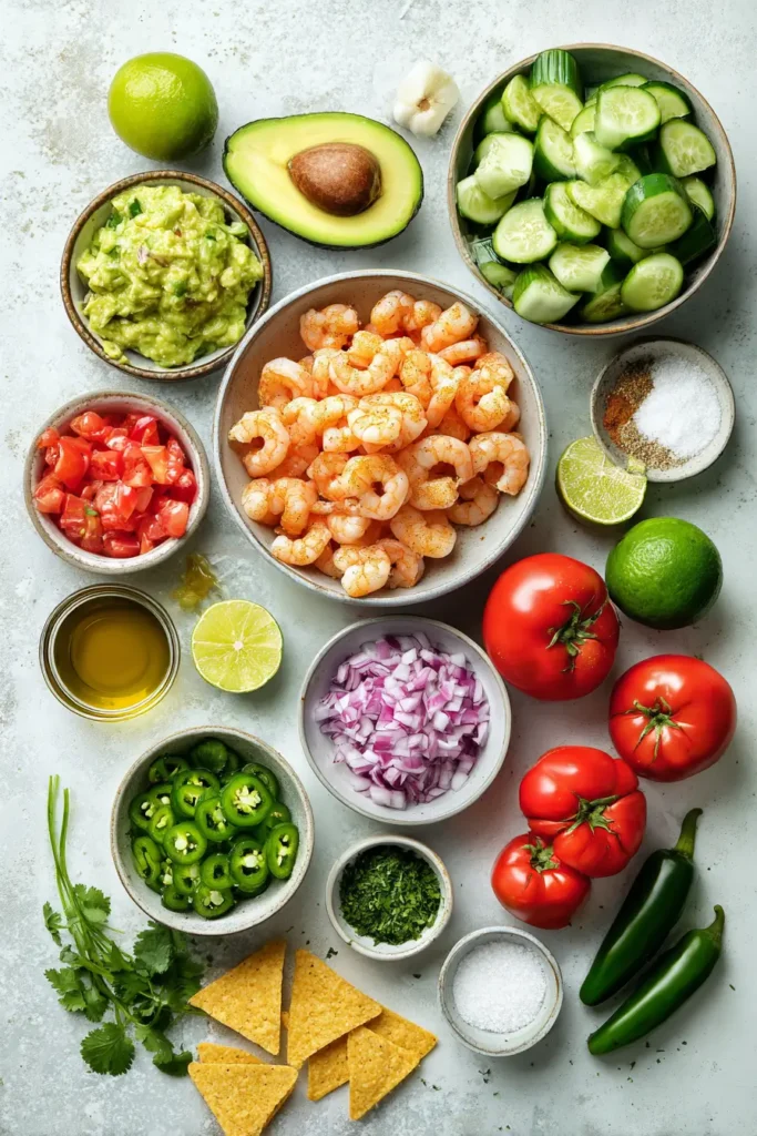 Fresh ingredients for Avocado Shrimp Ceviche Bowl including shrimp, avocado, tomatoes, cucumber, cilantro, jalapeño, and lime.
