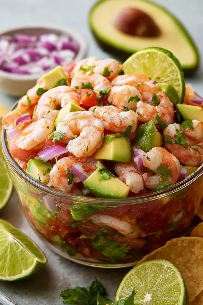 Plated Avocado Shrimp Ceviche Bowl served chilled with tortilla chips and fresh lime wedges.