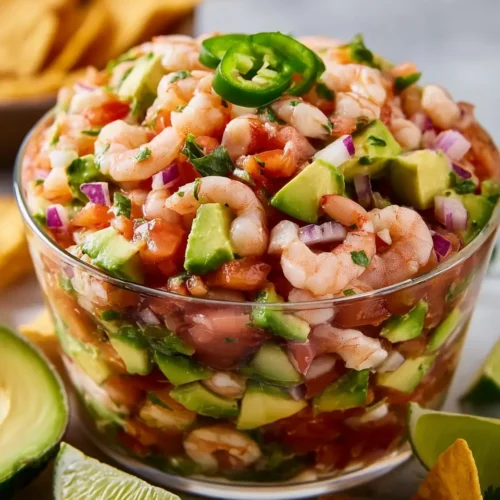 Square recipe card image of Avocado Shrimp Ceviche Bowl with shrimp, avocado, vegetables, lime, and chips.