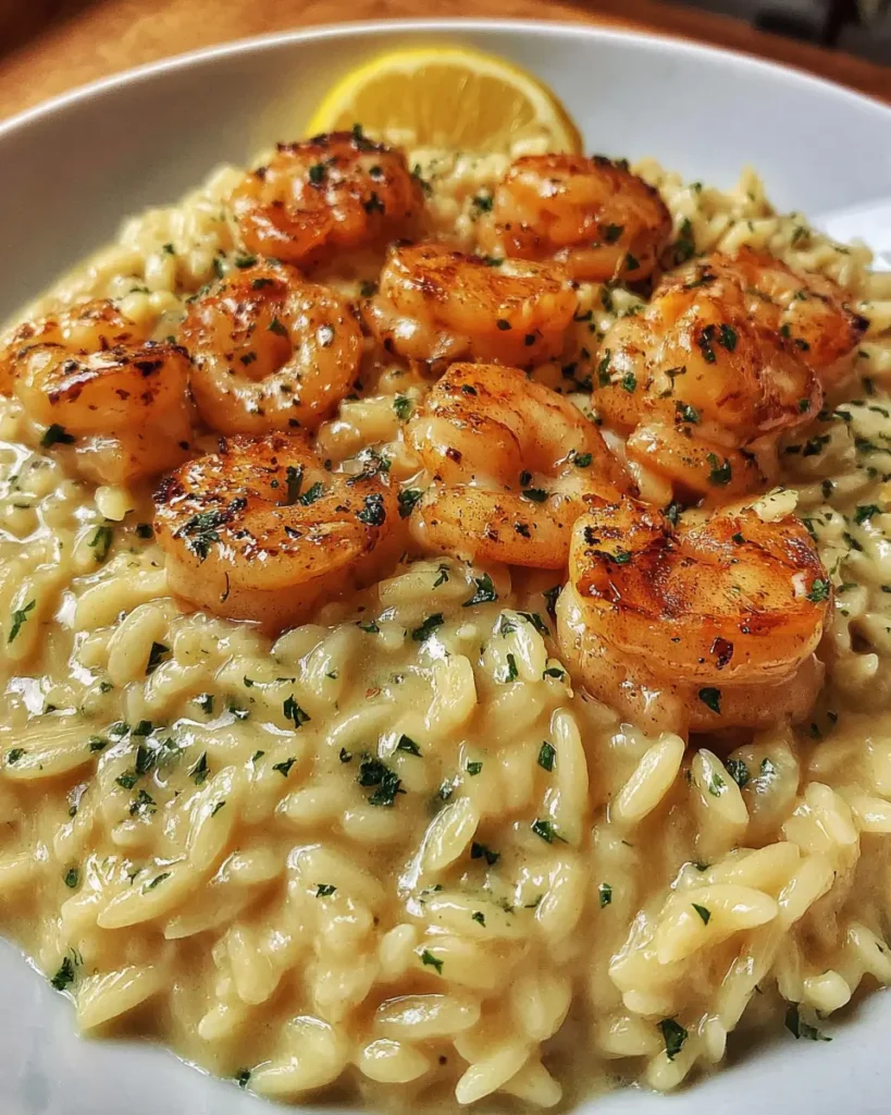 Creamy orzo with shrimp plated in a bowl with parmesan, parsley, and lemon.