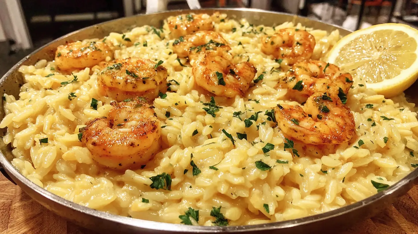 Creamy one pan parmesan orzo with shrimp served in a skillet with parsley and lemon.
