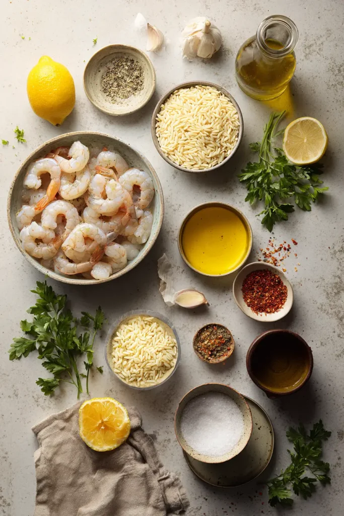 Ingredients for orzo with shrimp including shrimp, orzo, parmesan, garlic, lemon, parsley, and paprika.
