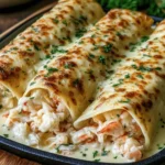 Creamy Seafood Queso Rolls with crab and shrimp baked under glossy golden queso.