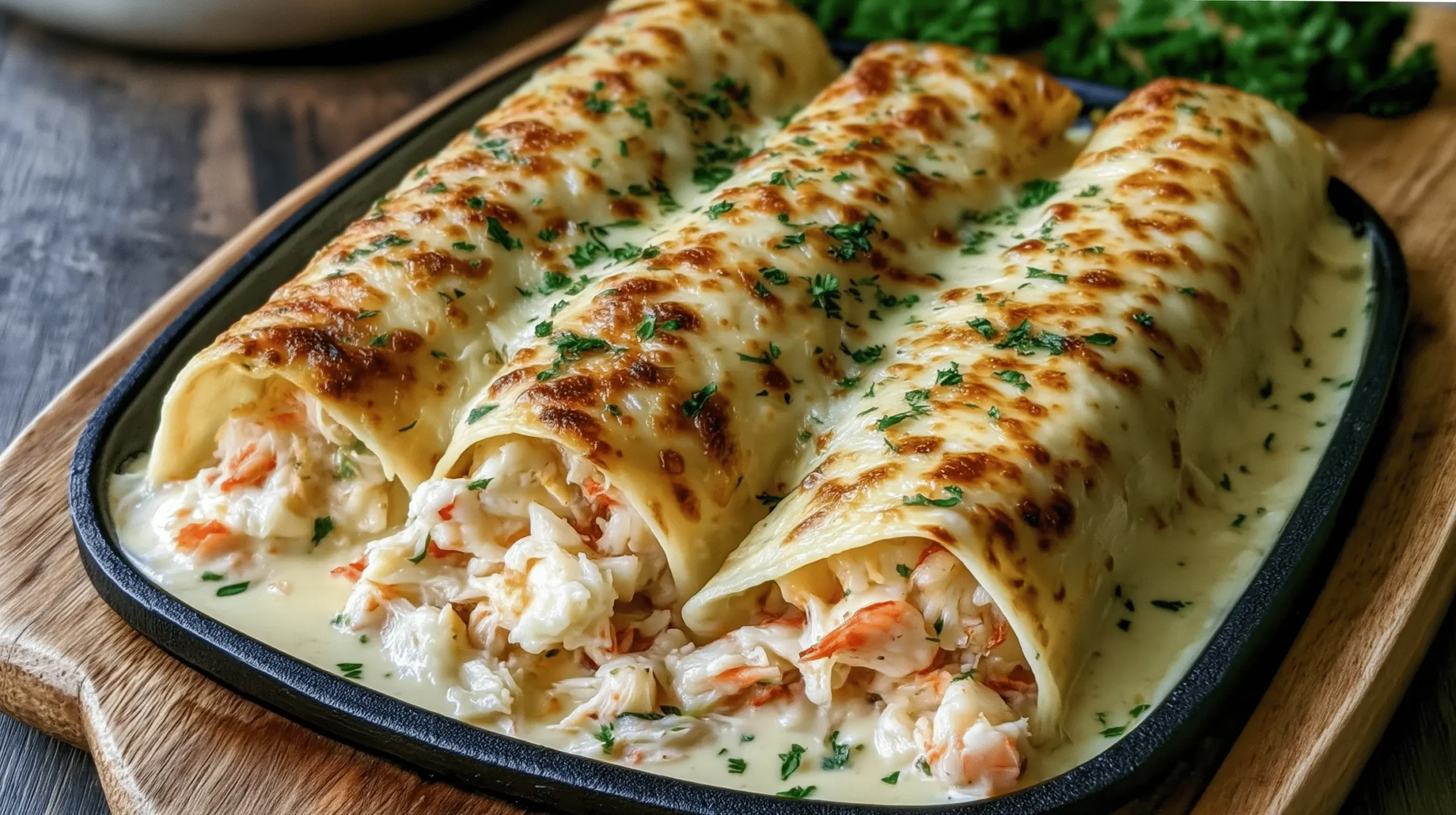 Creamy Seafood Queso Rolls with crab and shrimp baked under glossy golden queso.