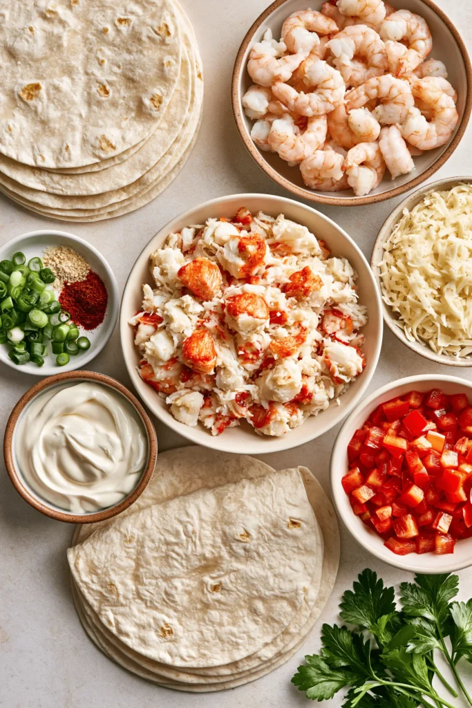 Ingredients for Creamy Seafood Queso Rolls including shrimp, crab, queso, tortillas, and Monterey Jack cheese.