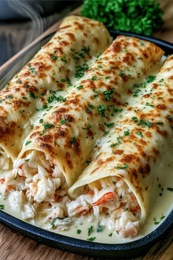 Plated Creamy Seafood Queso Rolls with crab and shrimp filling and melted queso topping.