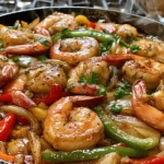 Garlic butter seafood skillet with shrimp, peppers, onions, lemon, and parsley in a cast-iron pan.