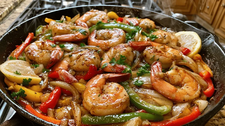 Garlic butter seafood skillet with shrimp, peppers, onions, lemon, and parsley in a cast-iron pan.