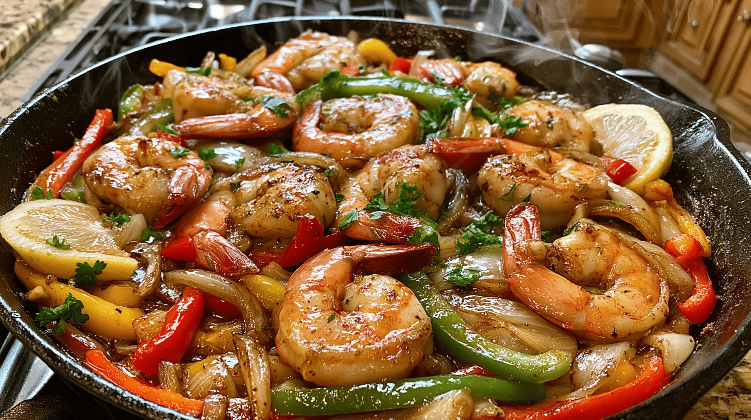 Garlic butter seafood skillet with shrimp, peppers, onions, lemon, and parsley in a cast-iron pan.