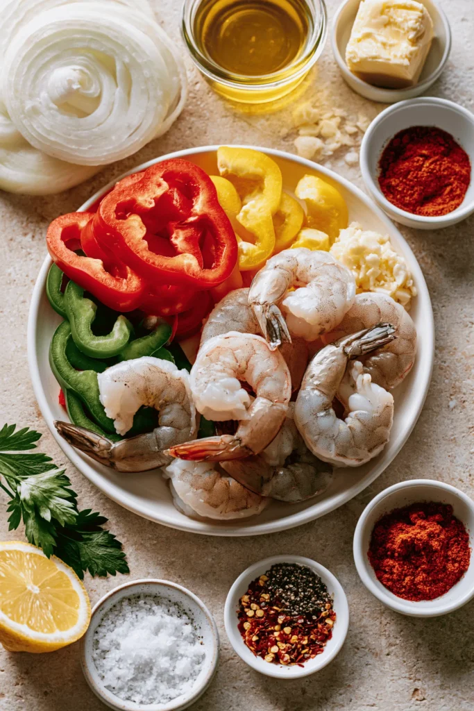 Fresh ingredients for garlic butter seafood skillet including shrimp, bell peppers, onion, garlic, lemon, butter, and parsley.
