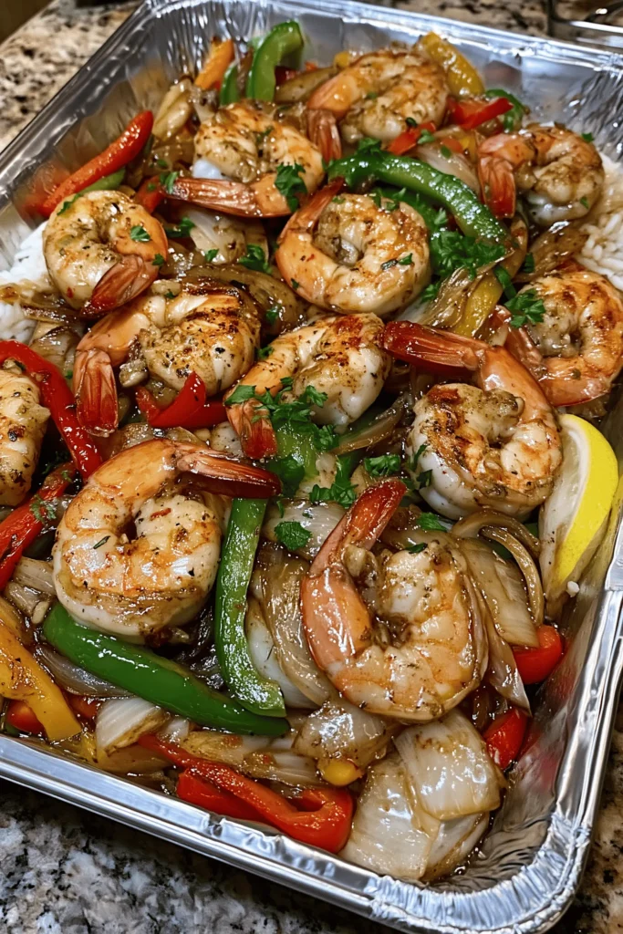 Plated garlic butter seafood skillet with shrimp, peppers, onions, rice, lemon, and parsley.