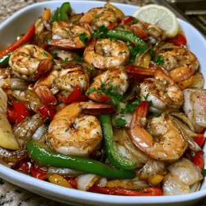 Garlic butter seafood skillet with shrimp, peppers, onions, lemon, and parsley in a white bowl.
