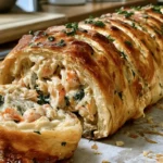 Golden Crab and Shrimp Seafood Stromboli Roll sliced open with creamy seafood filling and crisp pizza crust.