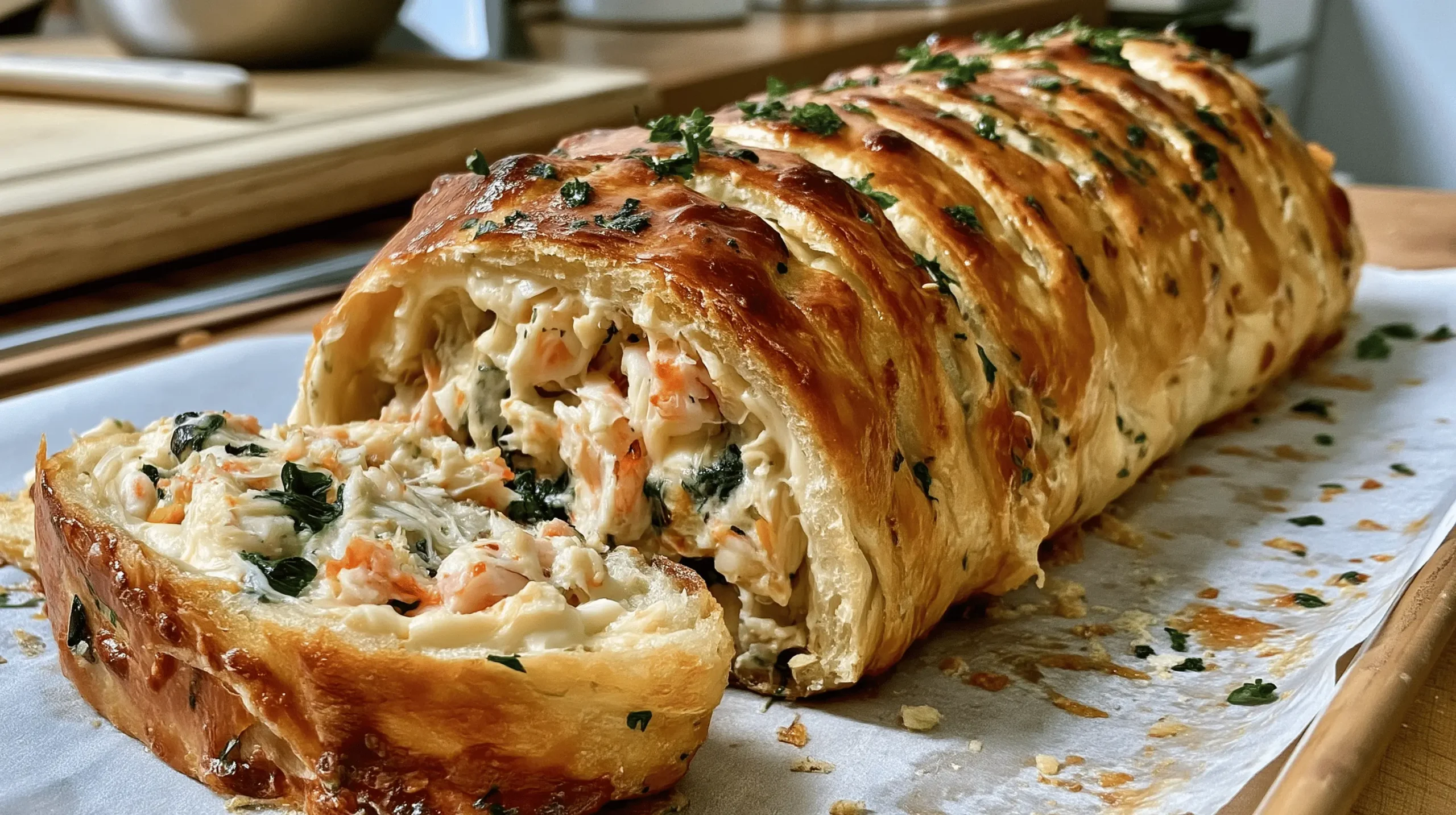 Golden Crab and Shrimp Seafood Stromboli Roll sliced open with creamy seafood filling and crisp pizza crust.