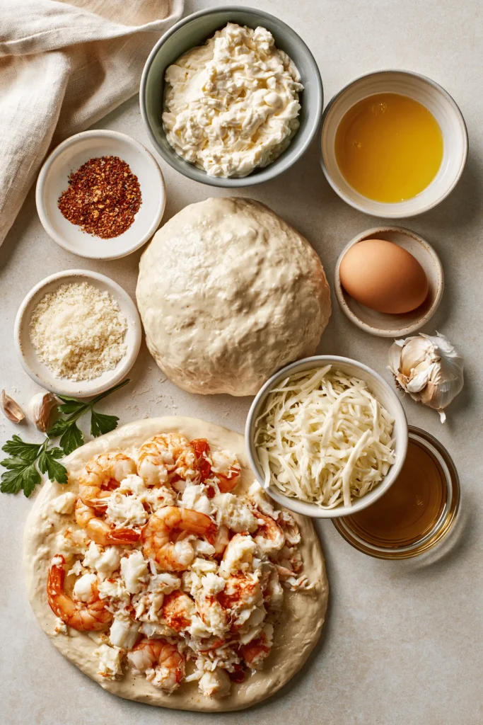 Ingredients for Golden Crab and Shrimp Seafood Stromboli Roll arranged with shrimp, crab, cheeses, garlic, and pizza dough.