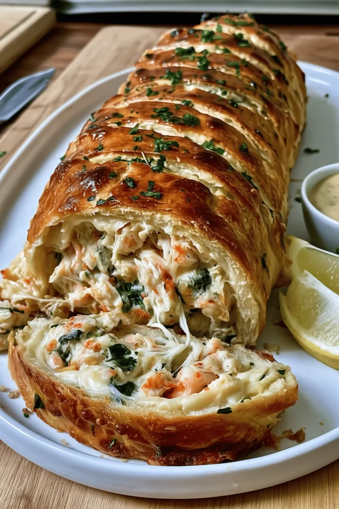 Plated slices of Golden Crab and Shrimp Seafood Stromboli Roll with creamy filling and golden crust.