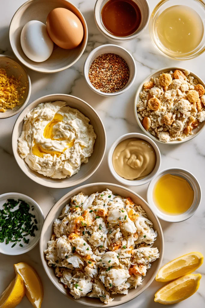 Ingredients for Maryland Crab Bombs including jumbo lump crab, Old Bay, lemon, crackers, and butter.