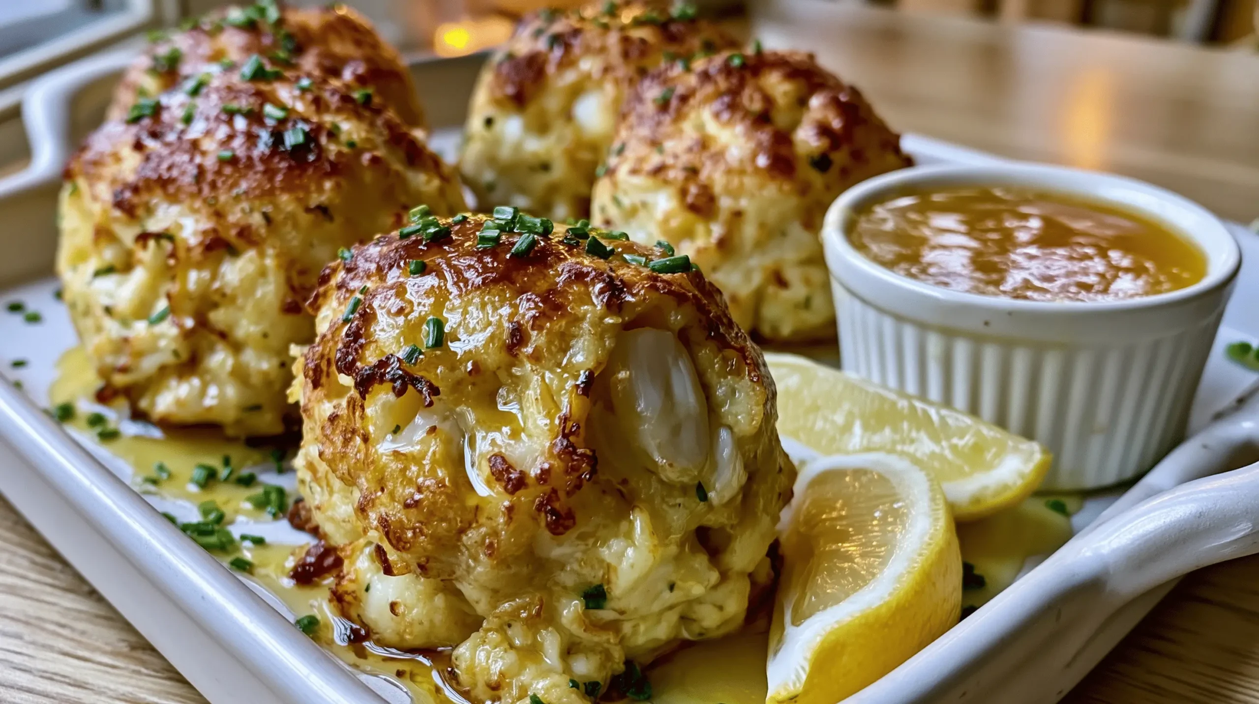 Maryland Crab Bombs with Lemon Butter served golden and glossy with lemon wedges and chives.