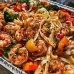 One-Tray Shrimp & Vegetable Pasta with juicy shrimp, roasted vegetables, Parmesan, parsley, and lemon in a baking tray.