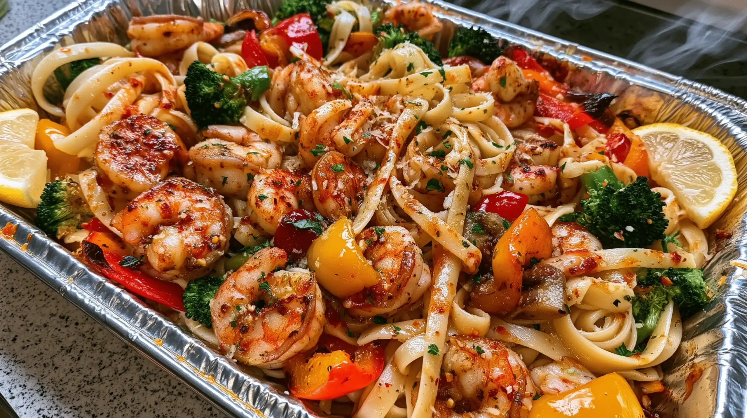 One-Tray Shrimp & Vegetable Pasta with juicy shrimp, roasted vegetables, Parmesan, parsley, and lemon in a baking tray.