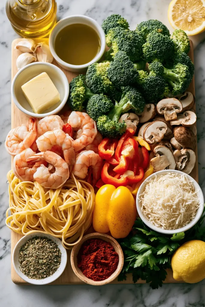 Ingredients for One-Tray Shrimp & Vegetable Pasta arranged with shrimp, pasta, vegetables, garlic, butter, Parmesan, and lemon.