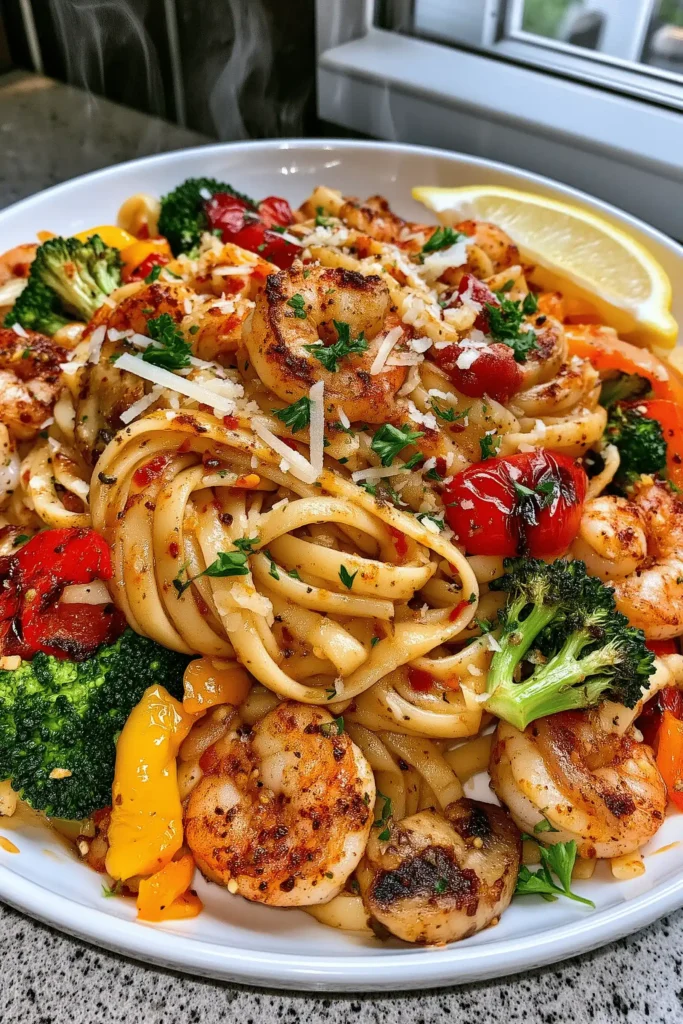 Plated One-Tray Shrimp & Vegetable Pasta with garlic butter shrimp, roasted vegetables, Parmesan, parsley, and lemon.