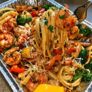 Square recipe card image of One-Tray Shrimp & Vegetable Pasta with glossy noodles, shrimp, roasted vegetables, and lemon.