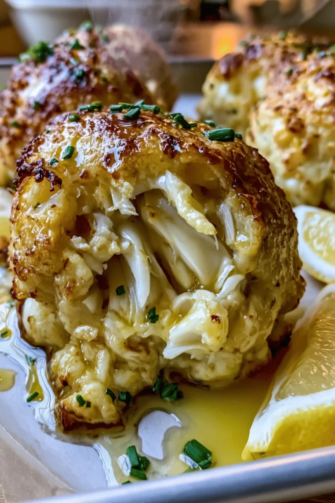 Plated Maryland Crab Bomb with tender jumbo lump crab and glossy lemon butter.