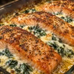 Brown Sugar Glazed Stuffed Salmon with glossy caramelized tops and creamy spinach cheese filling in a baking dish.