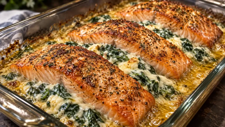 Brown Sugar Glazed Stuffed Salmon with glossy caramelized tops and creamy spinach cheese filling in a baking dish.