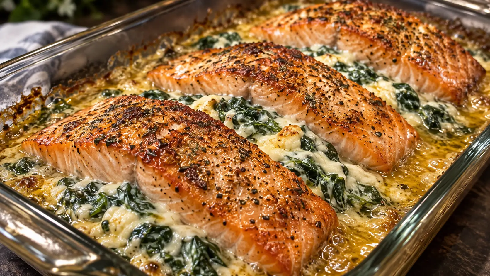Brown Sugar Glazed Stuffed Salmon with glossy caramelized tops and creamy spinach cheese filling in a baking dish.