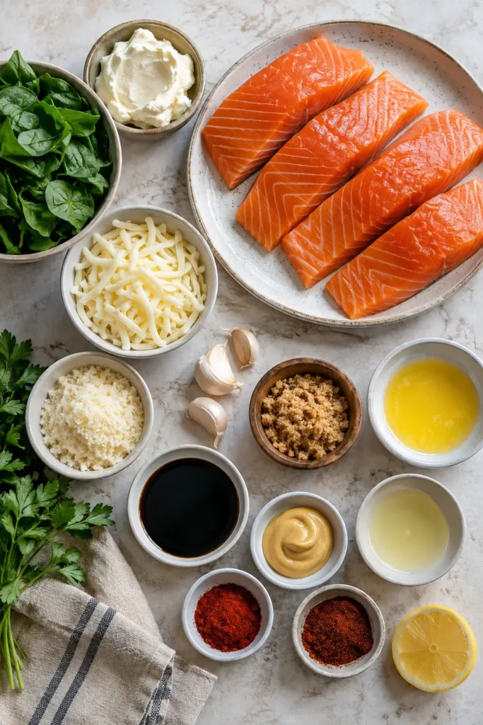 Ingredients for Brown Sugar Glazed Stuffed Salmon arranged with salmon, cheeses, spinach, garlic, and glaze ingredients.