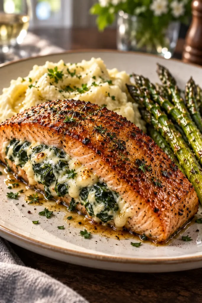 Plated Brown Sugar Glazed Stuffed Salmon served with mashed potatoes and asparagus.