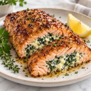 Brown Sugar Glazed Stuffed Salmon sliced to show creamy spinach cheese filling and glossy glaze.